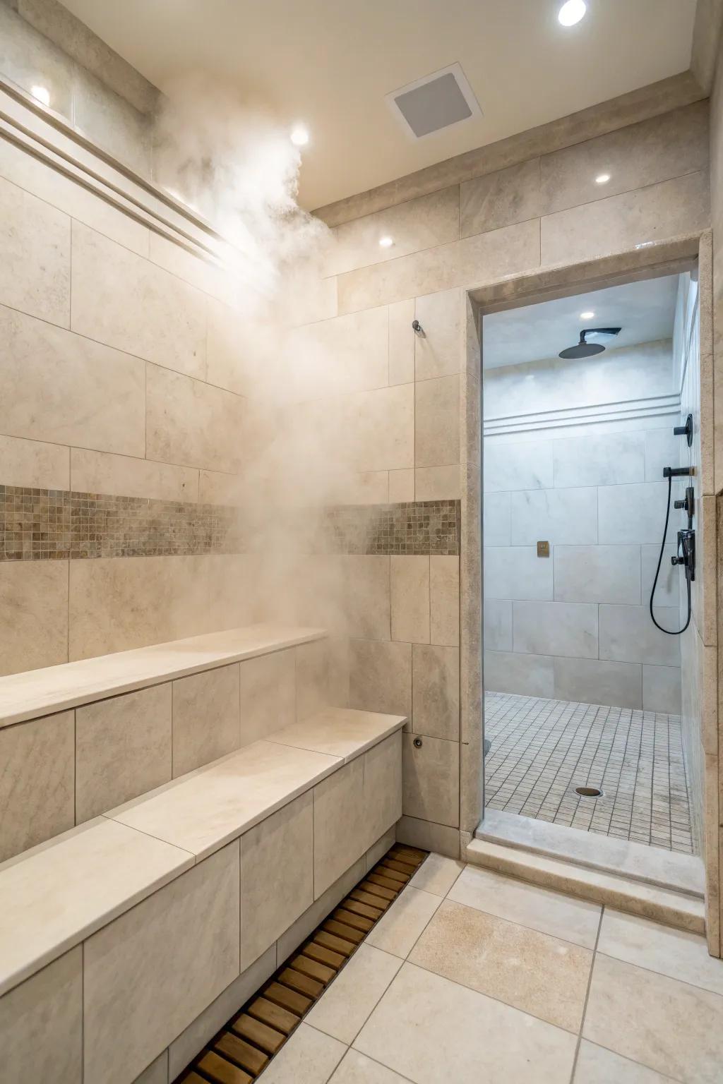 Muted colors establish a soothing and classic steam shower environment.