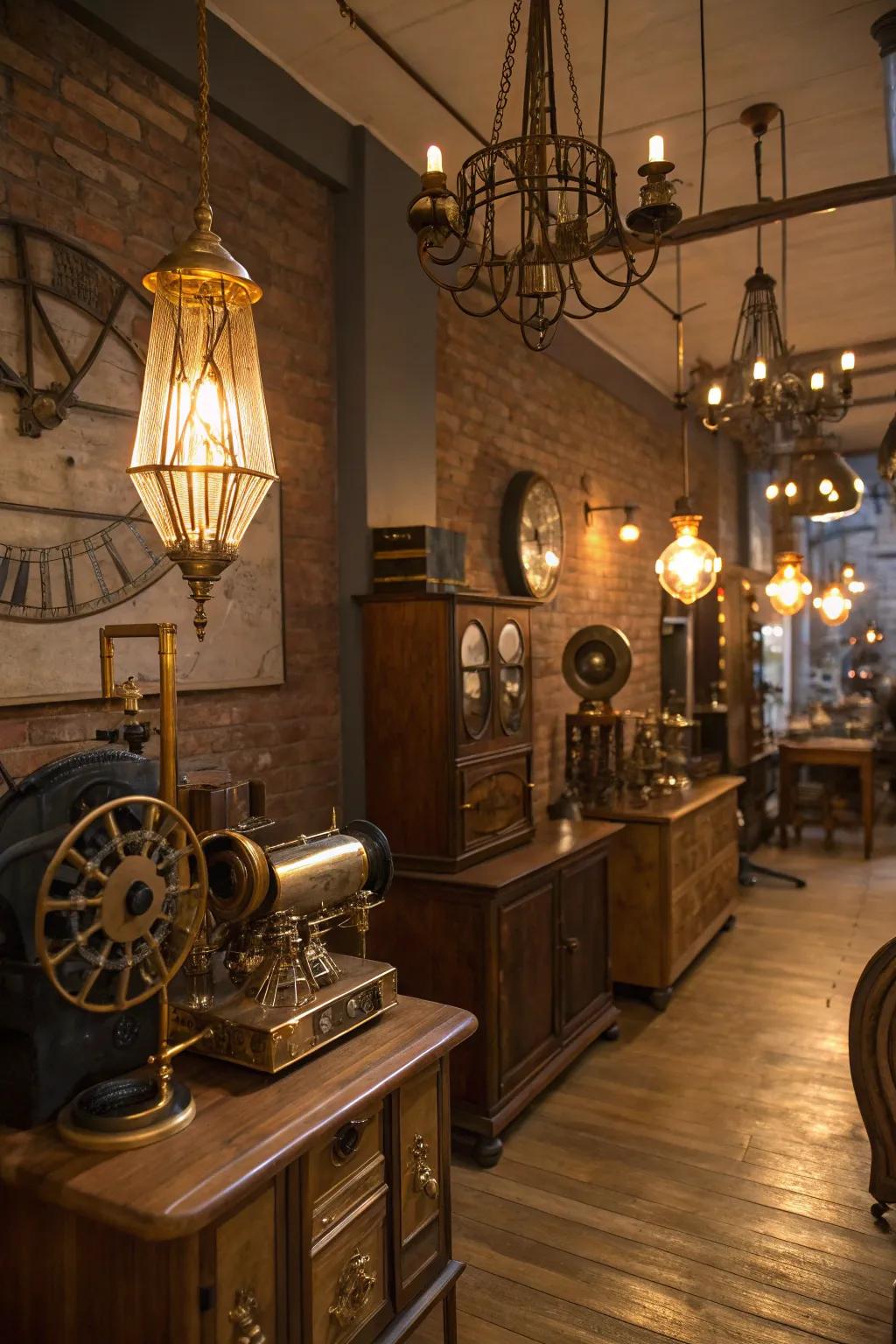 Comfortable ambient illumination enhances the inviting atmosphere of this steampunk space.