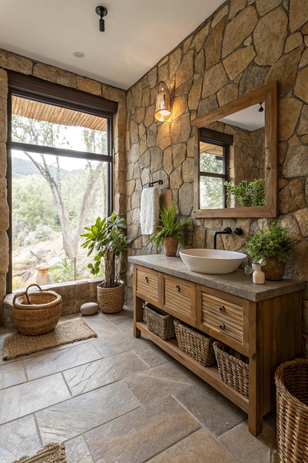 A stone bathroom presenting earth-inspired shades with natural ornamental aspects.