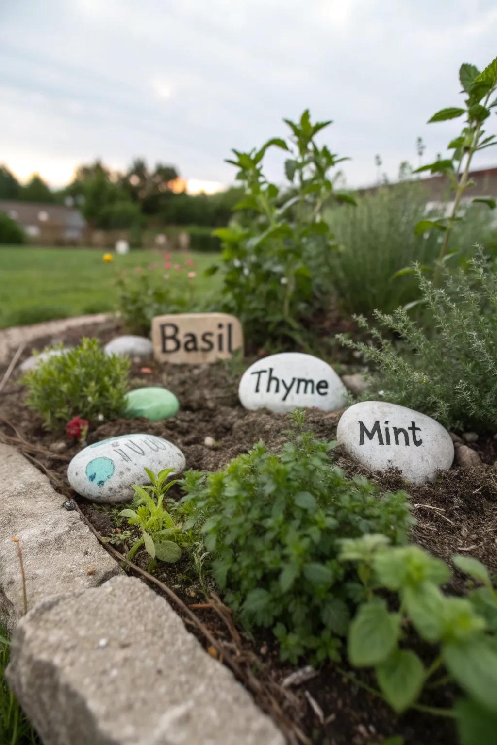 Quirky painted stone markers identifying plants in a garden.