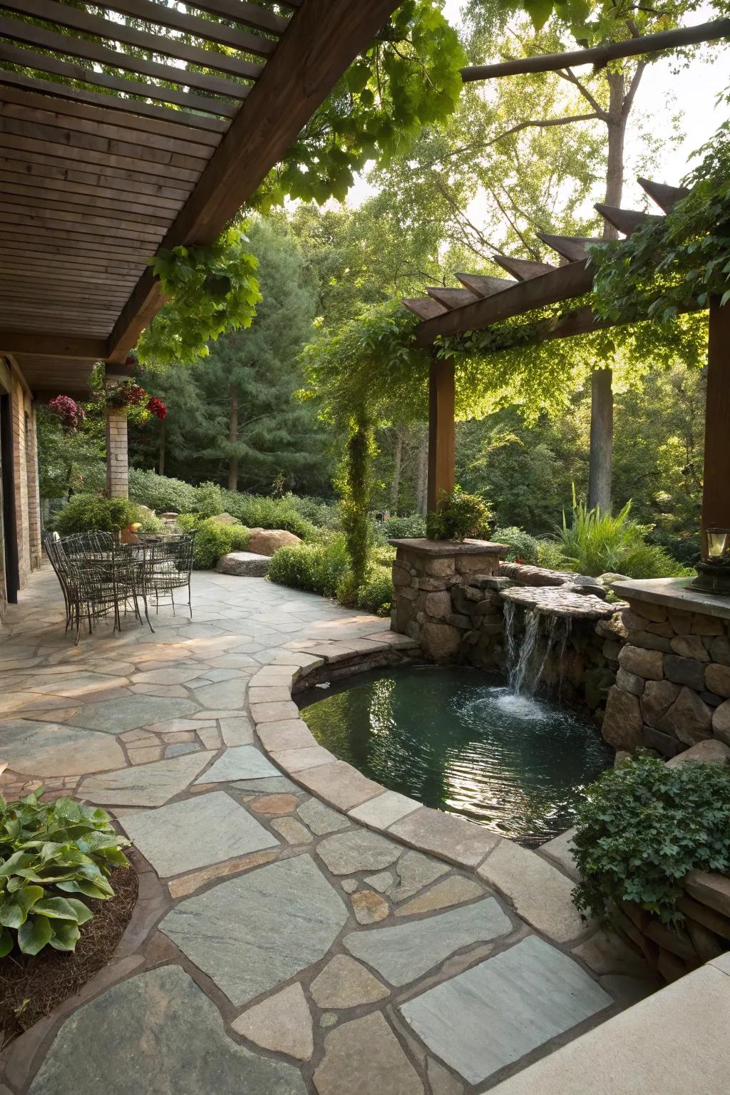 A stone patio improved by a soothing aquatic feature.