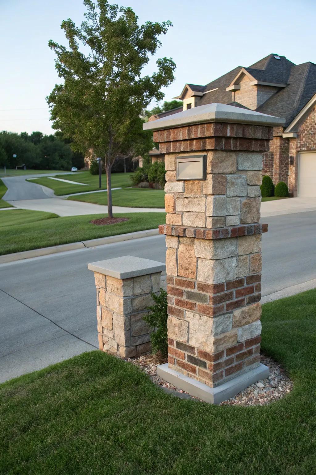 A traditional brick mailbox pillar enriched with a stone decorative layer.