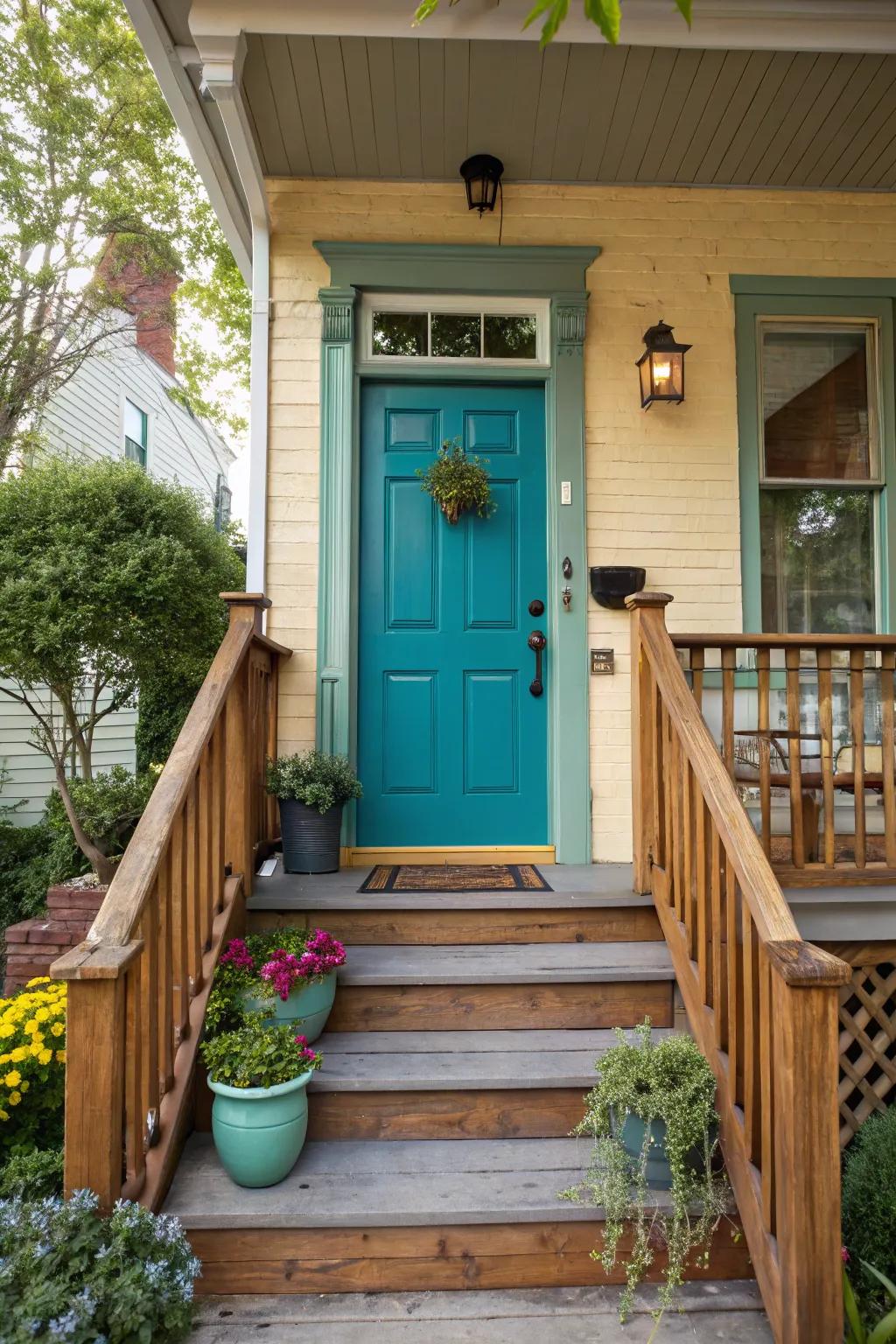A bold turquoise door infuses the stoop with character and vibrancy.