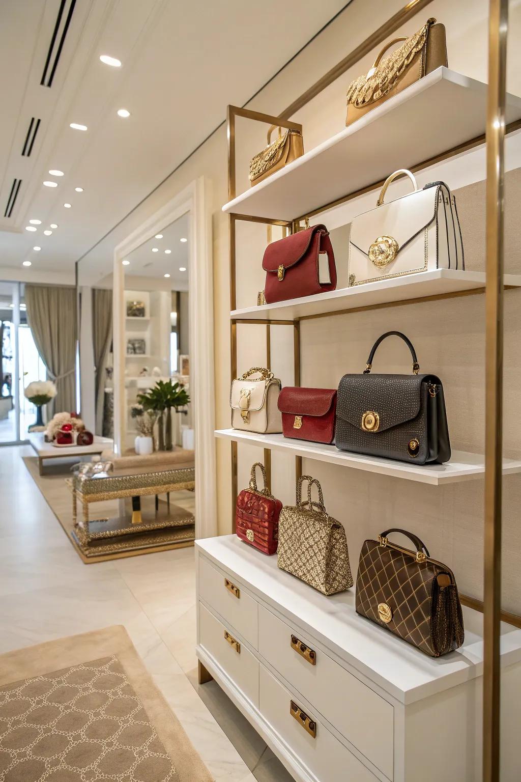 Open display of handbags in a room setting.