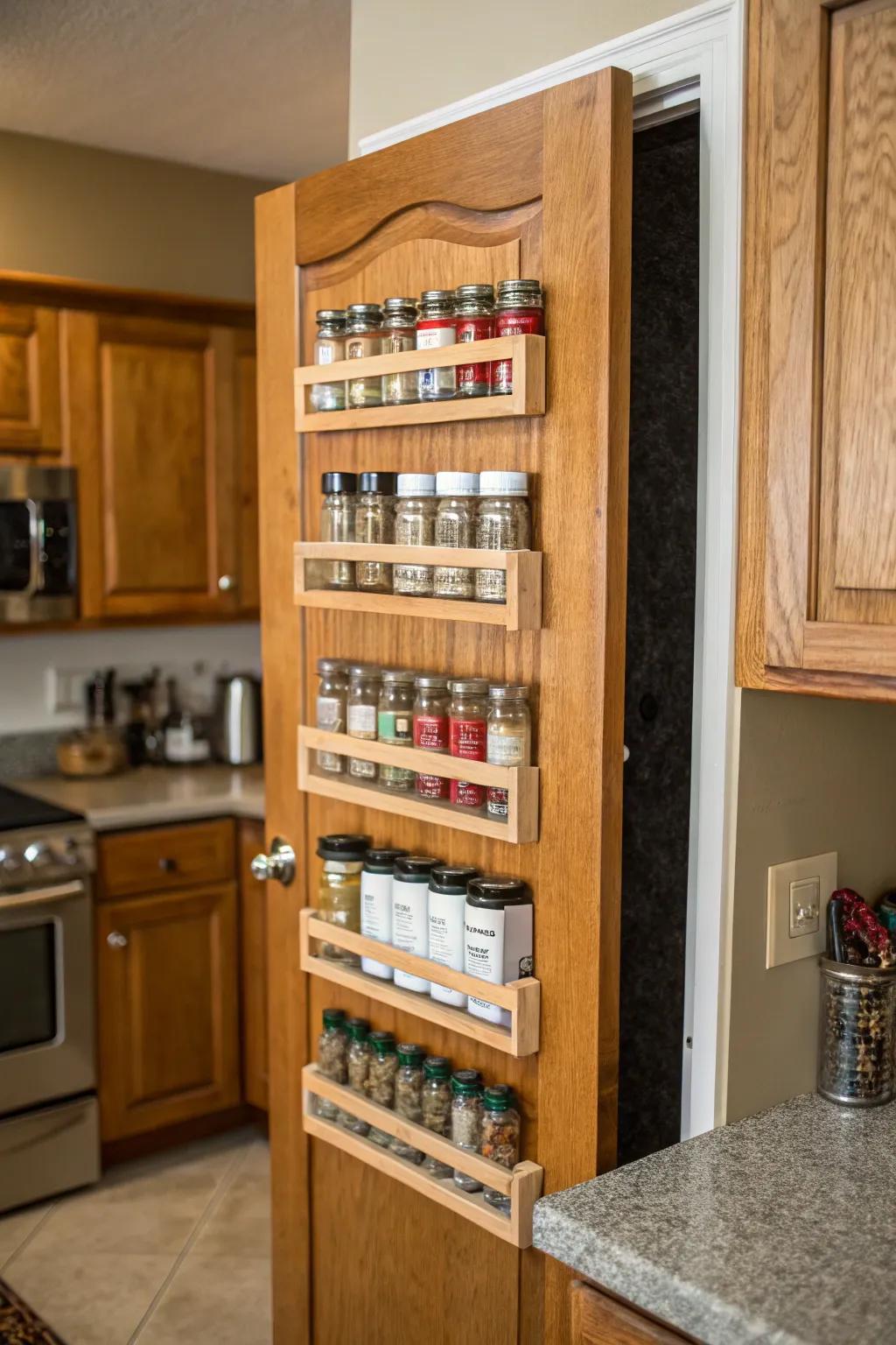 A kitchen door equipped with a mounted spice rack.
