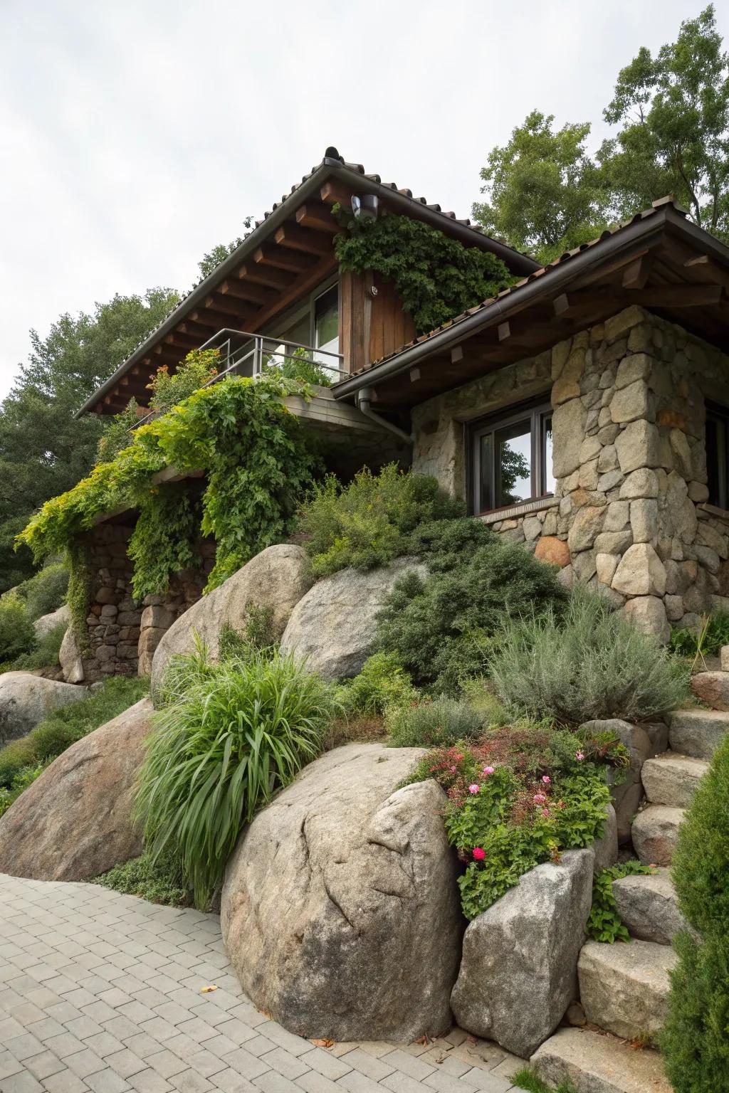 A home seamlessly merged with natural rock formations.