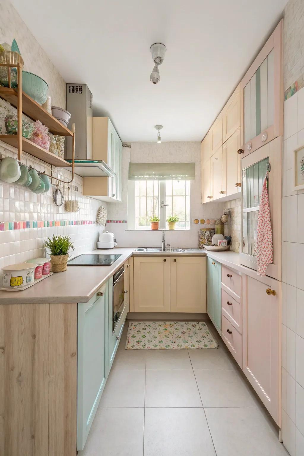 Soft shades amplify the perception of space within a studio kitchen.