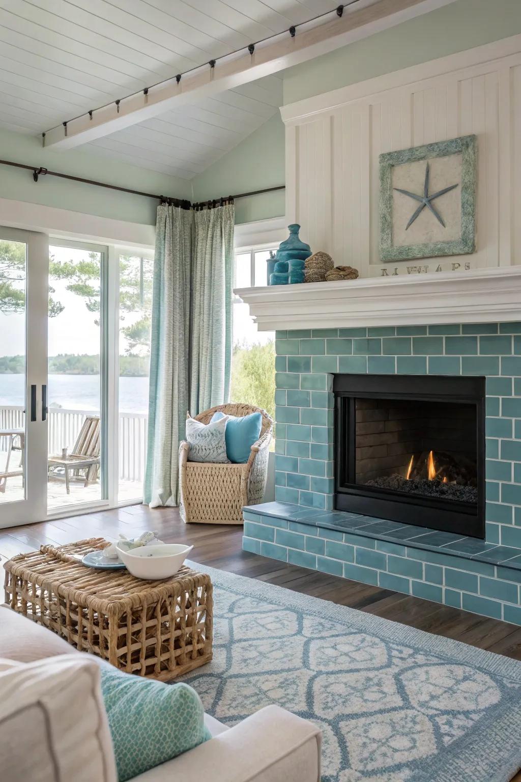 Subtle color variations in rectangular tiles conjure a soothing seaside vibe.