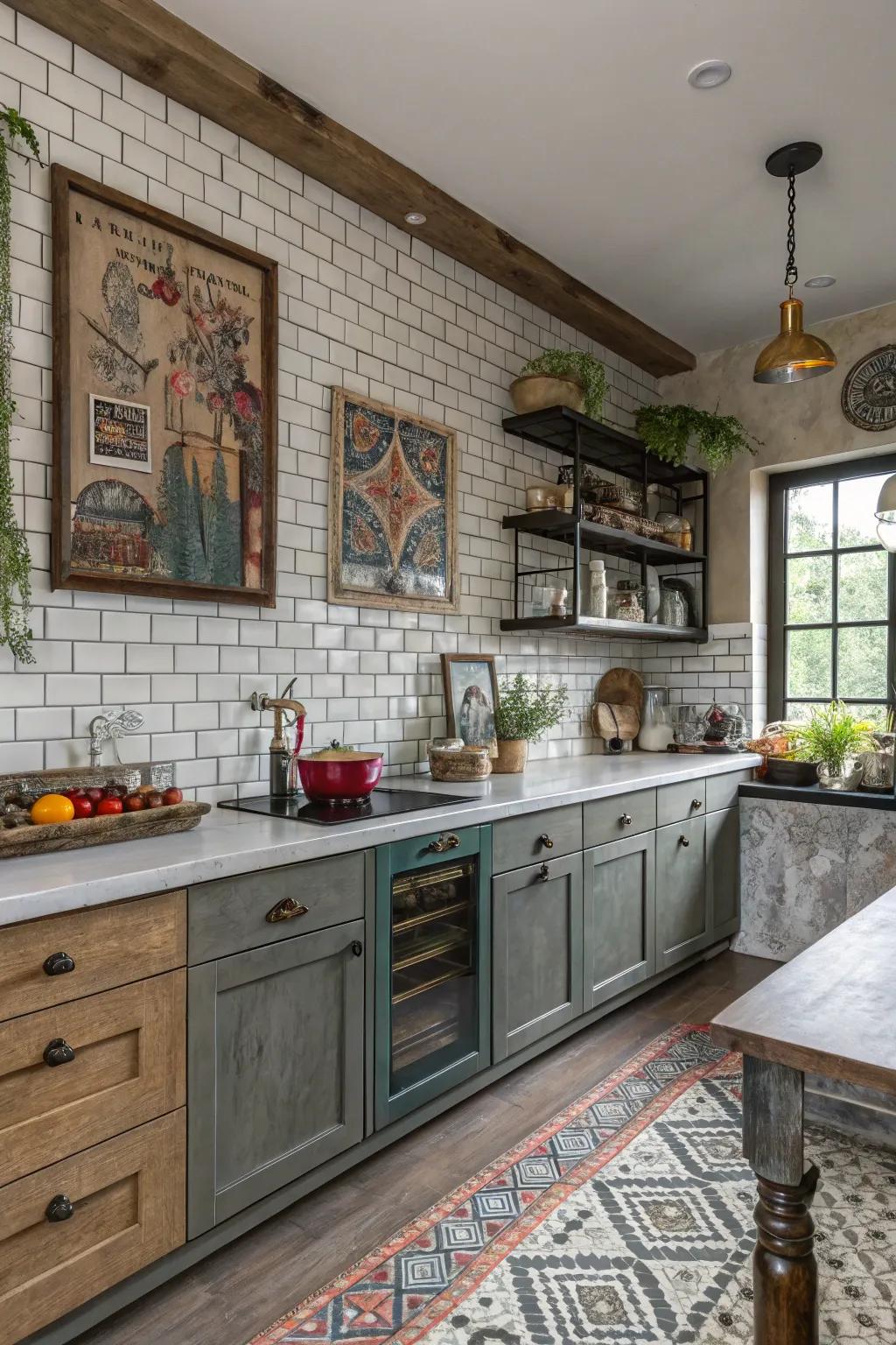 A mix of textures in standard tiles creates a dynamic and stylish kitchen.