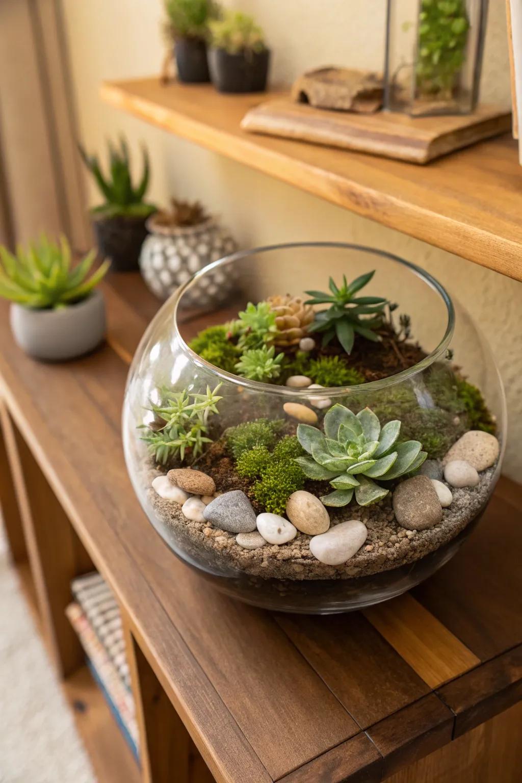 A miniature succulent greenhouse filled with natural components.