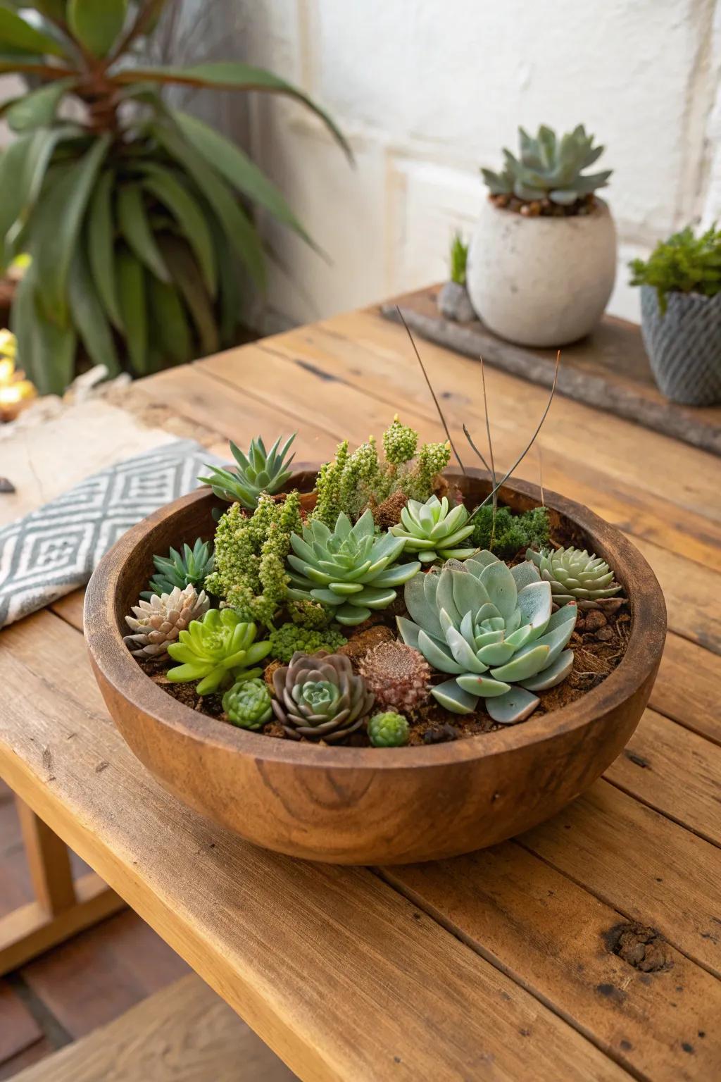 A rustic succulent garden nestled in a charming timber container.