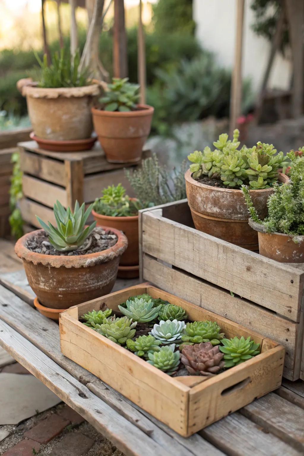Rustic charm emanates from terracotta pots and wooden crates brimming with succulents.