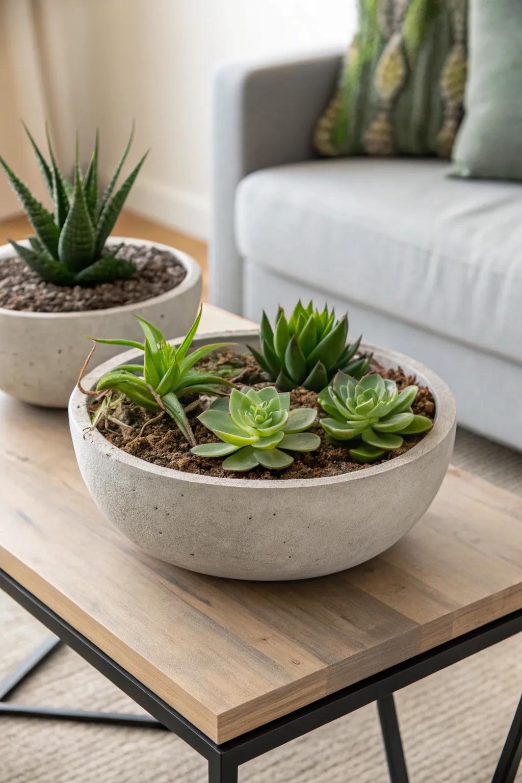 Shaped concrete vessels introduce a modern aesthetic to succulent arrangements.