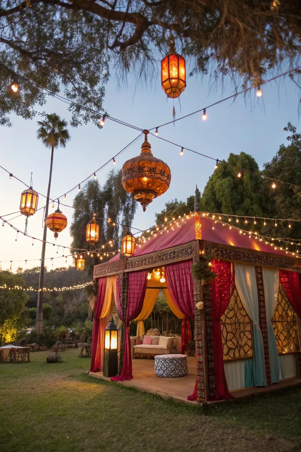 A magical sukkah featuring hanging lanterns and lights, emitting a cozy glow.