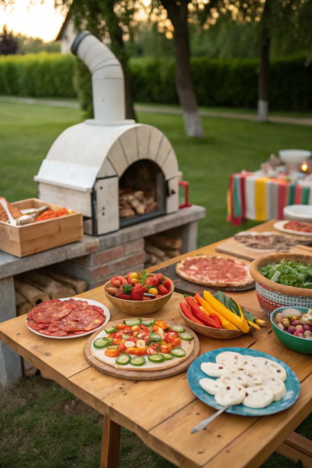 An enjoyable al fresco pizza party featuring fresh ingredients.