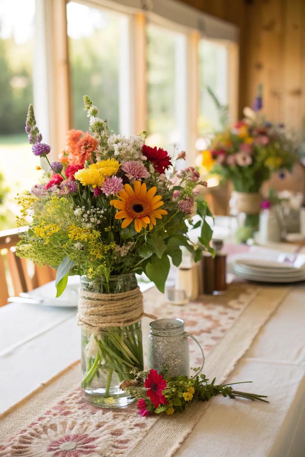 A table showcasing handcrafted floral focal pieces.