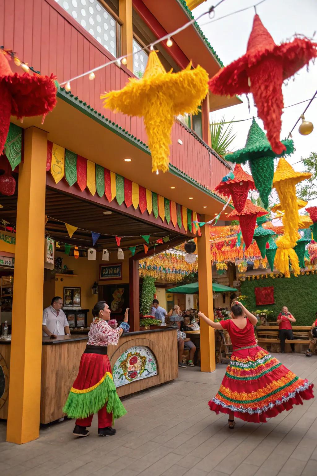 A vibrant and festive Mexican fiesta with colorful decor.