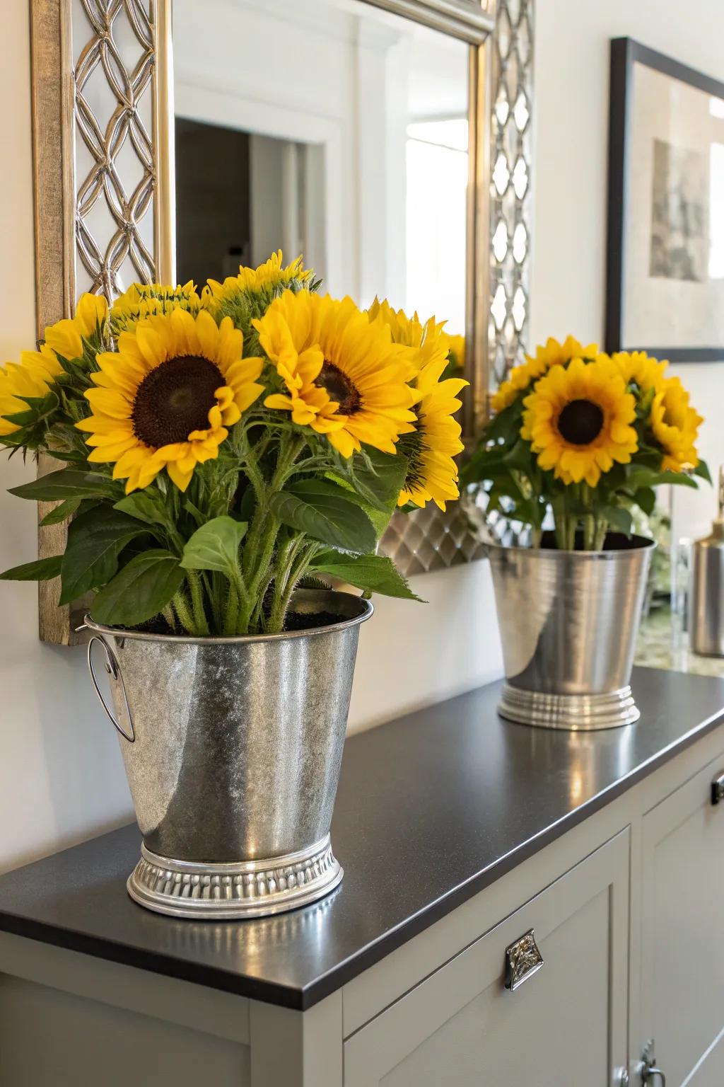 Harmonize natural and industrial constituents by means of metallic container sunflower arrangements.