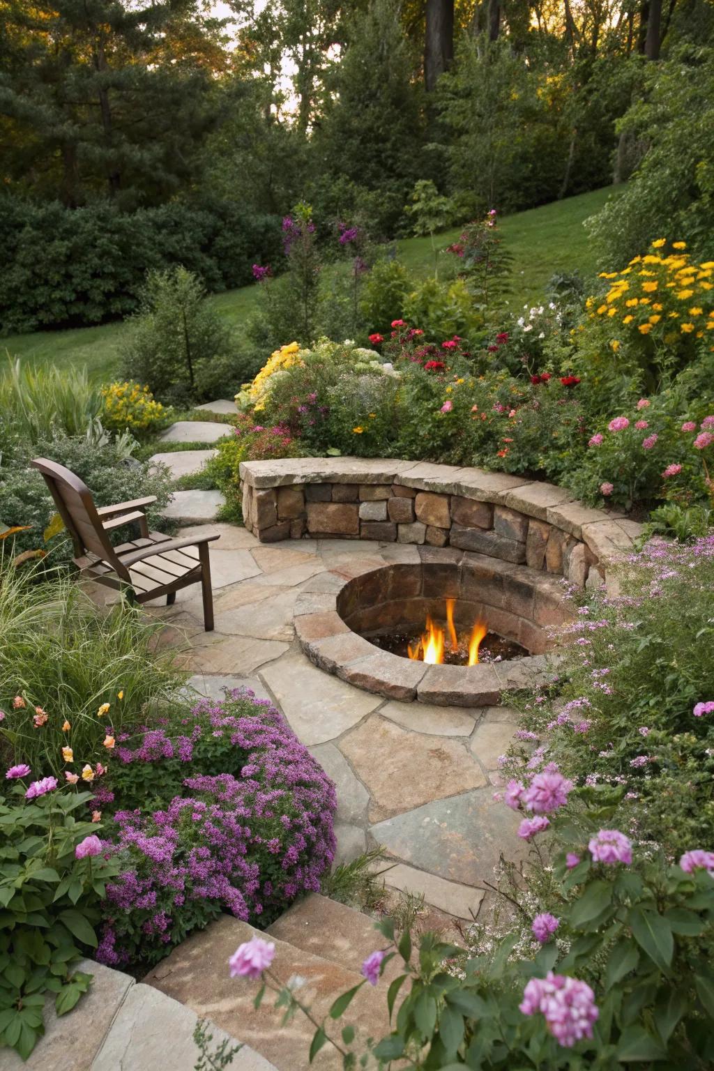 A garden oasis with a ground-level fire feature at its heart.