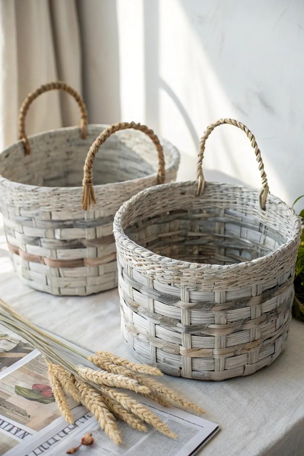 Elegance through sustainability: Transform everyday printed media into breathtaking interweaved baskets with a hint of Boho allure.