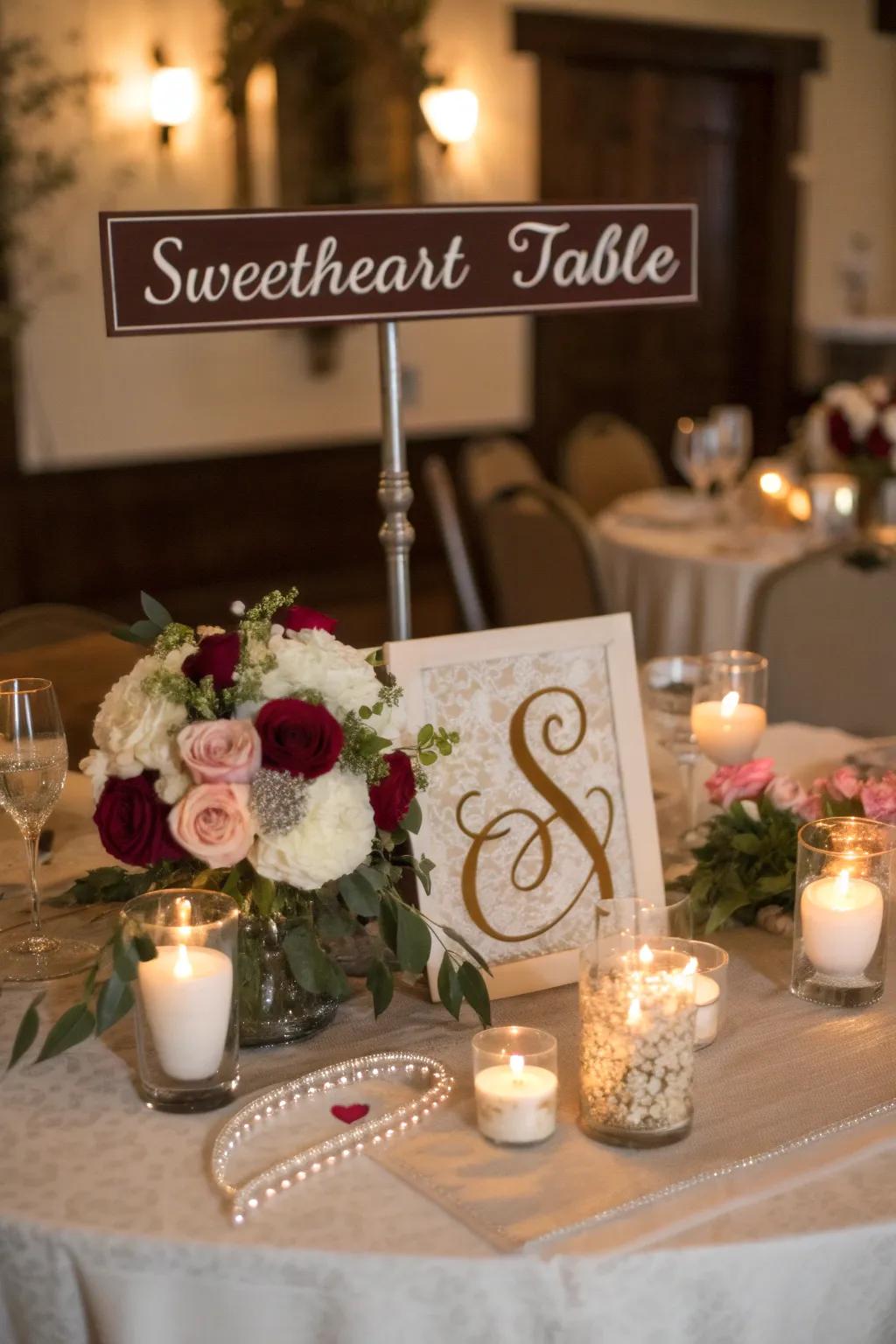 A sweetheart table featuring personalized boards and letterings for a unique touch.