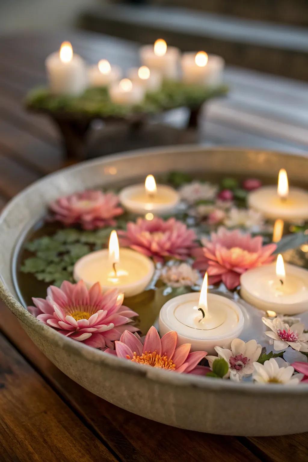 An enchanting centerpiece showcasing both drifting floral lights and scattered bloom heads.