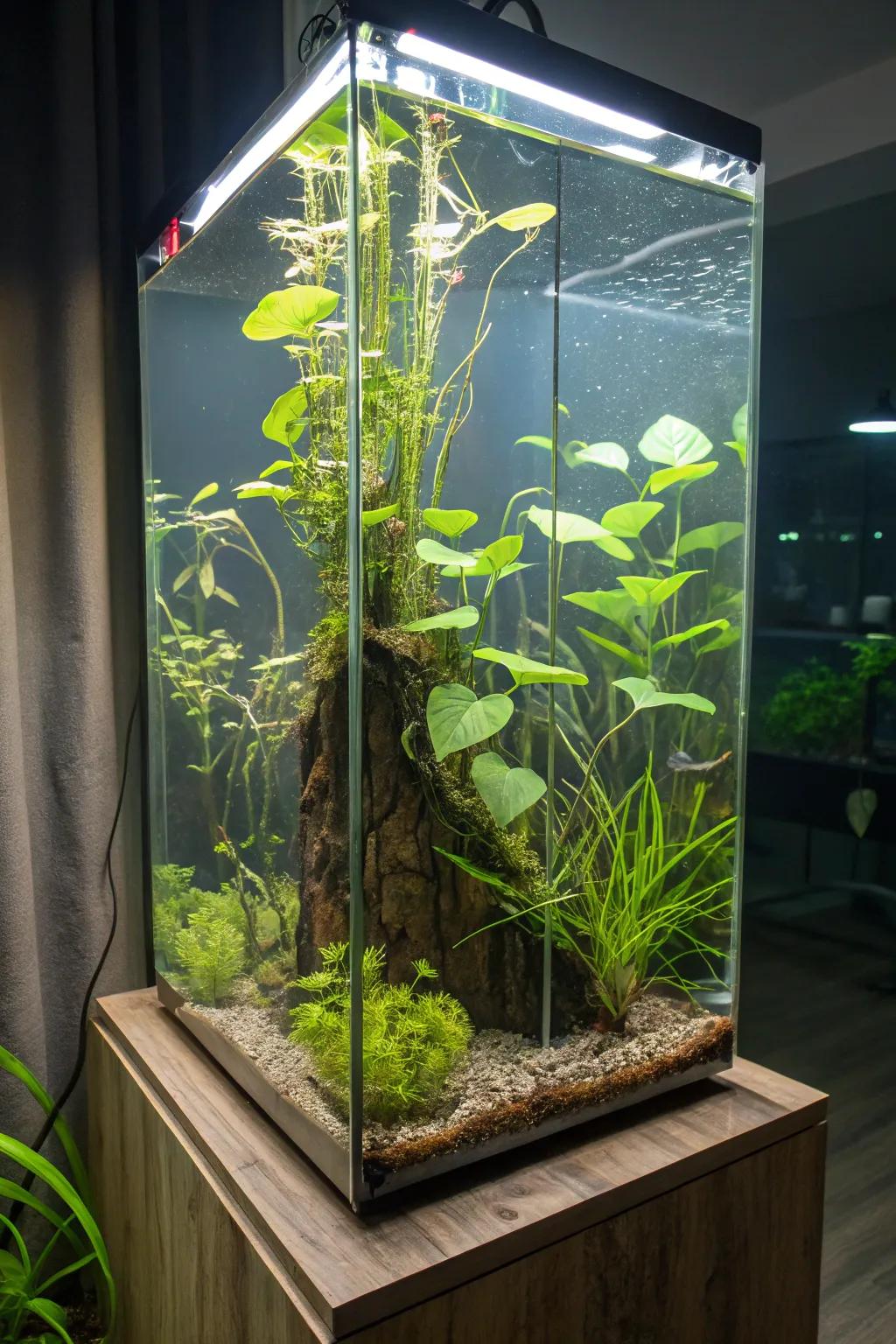 An elongated aquarium showcasing a utopia of drifting flora.