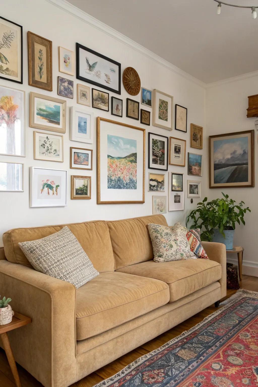 Wall art customizes the area and complements the beige sofa.