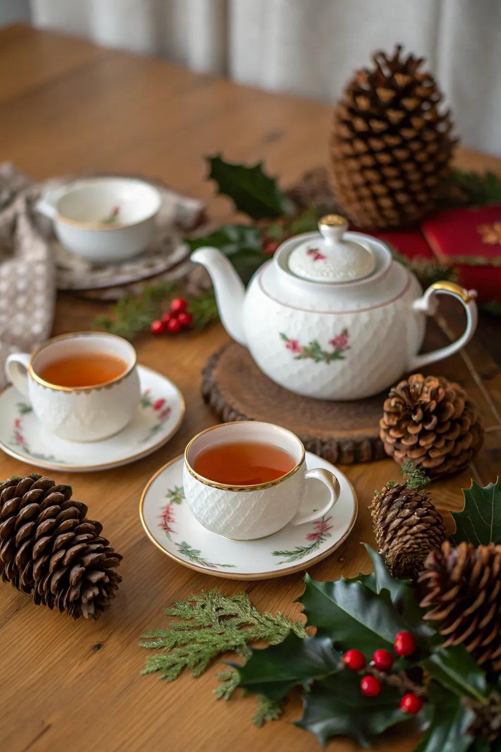 A festive tea service arrangement featuring seasonal elements.