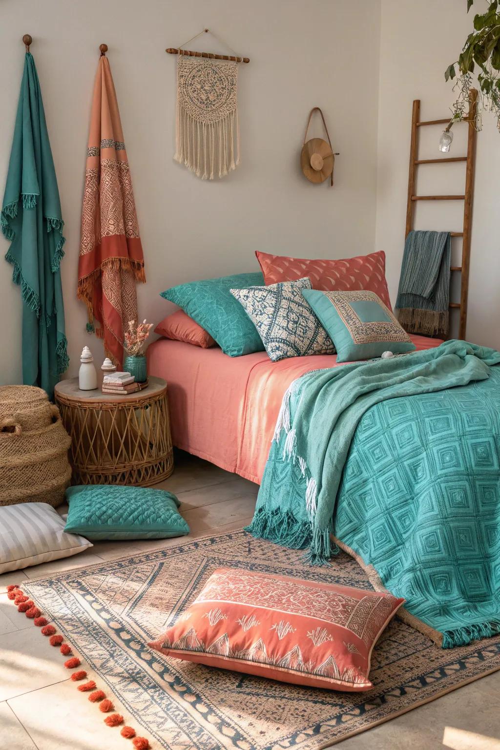 Mixing textiles in teal and coral creates a comfortable setting.