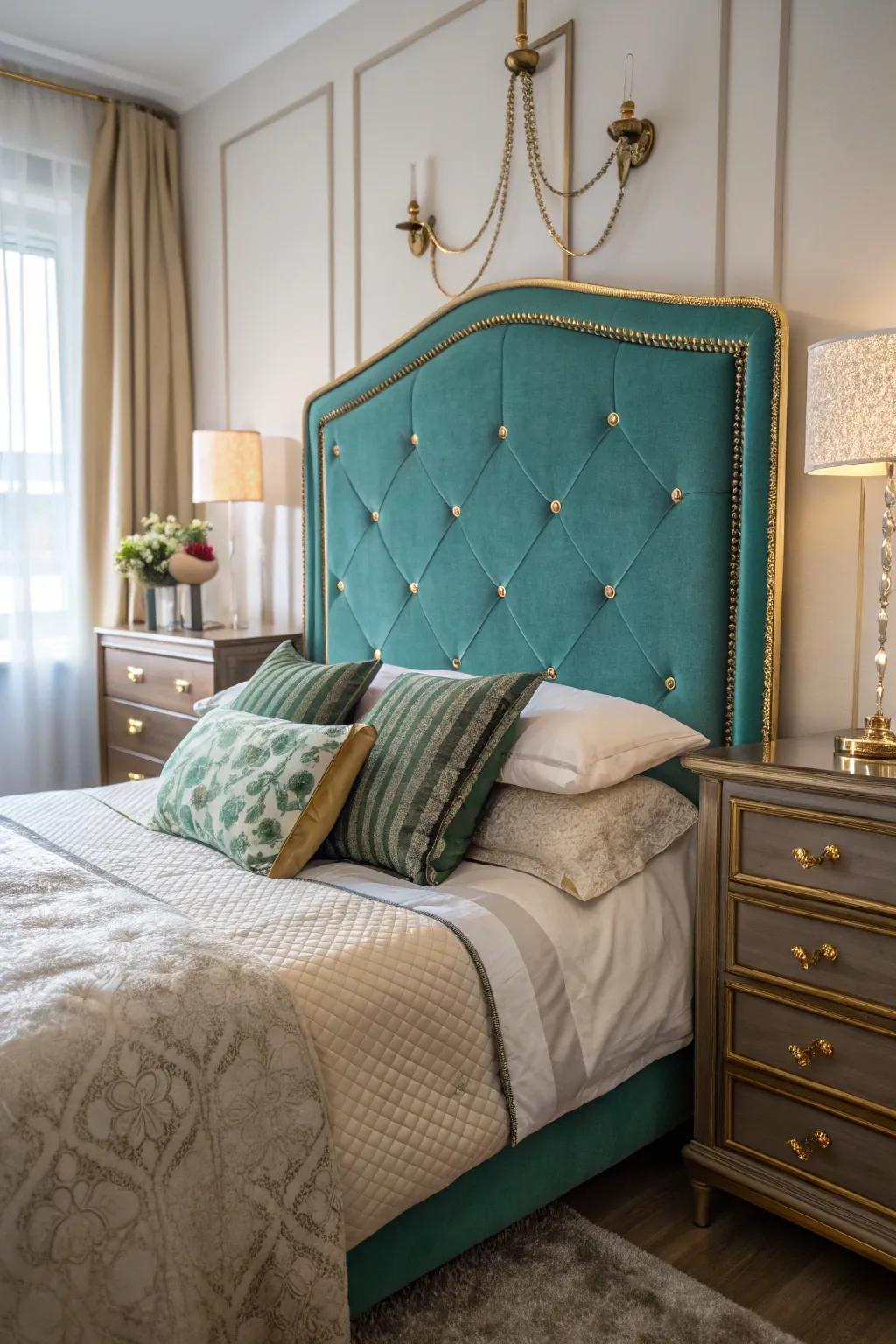 An azure padded headboard acts as a fashionable center point in this bedroom.