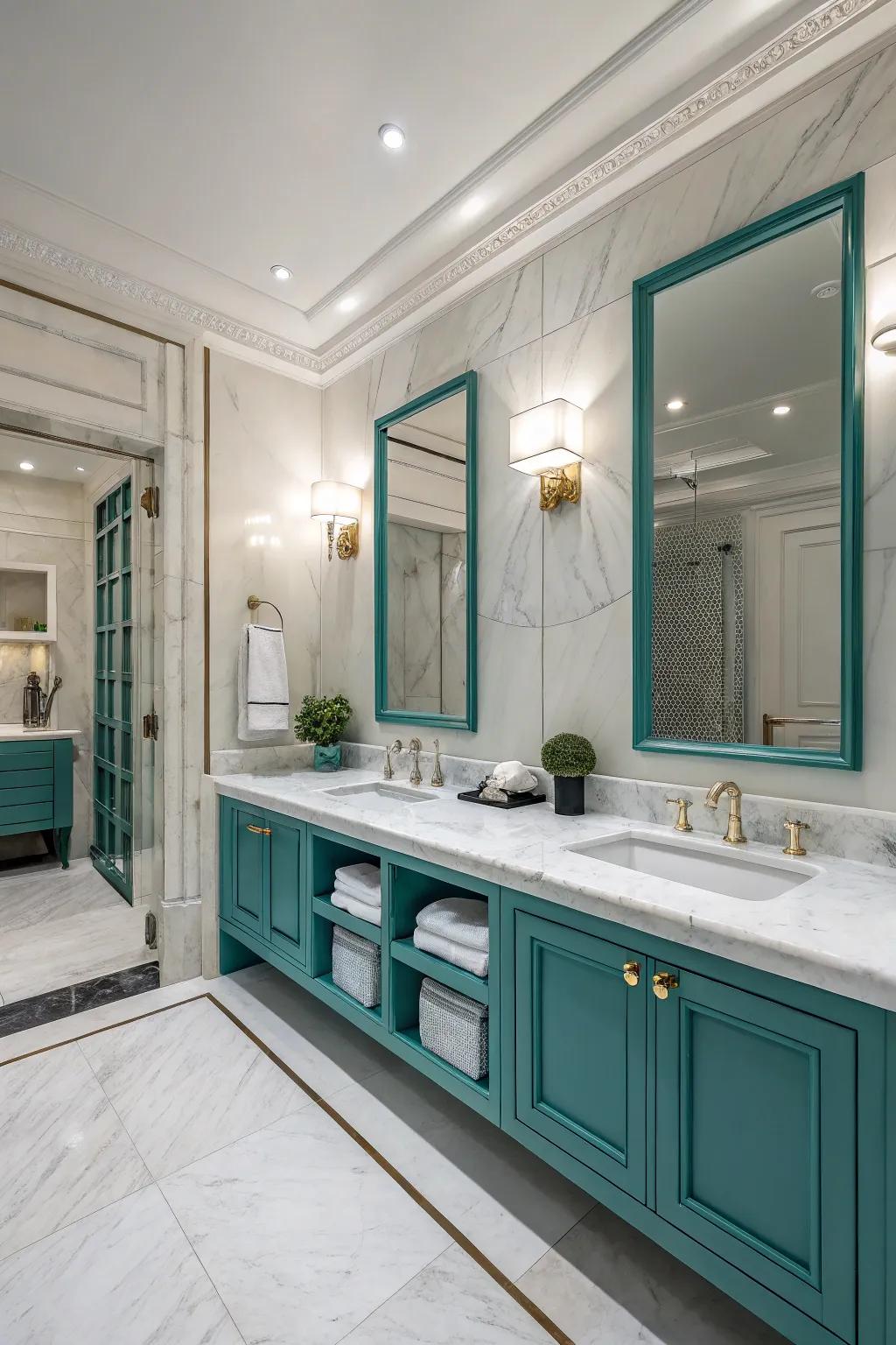 Combine aquatic green with marble for timeless sophistication.