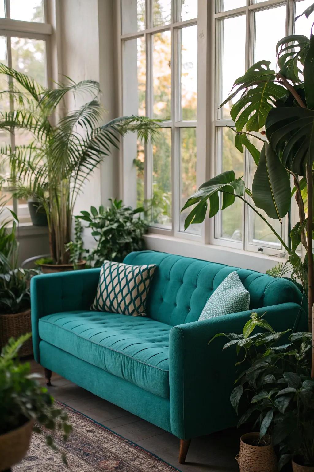 Lush greenery enhances the freshness of a sapphire sofa.