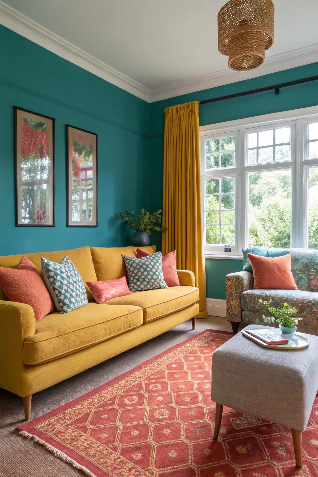 Mustard and coral features add warmth and dimension to a teal-inspired space.