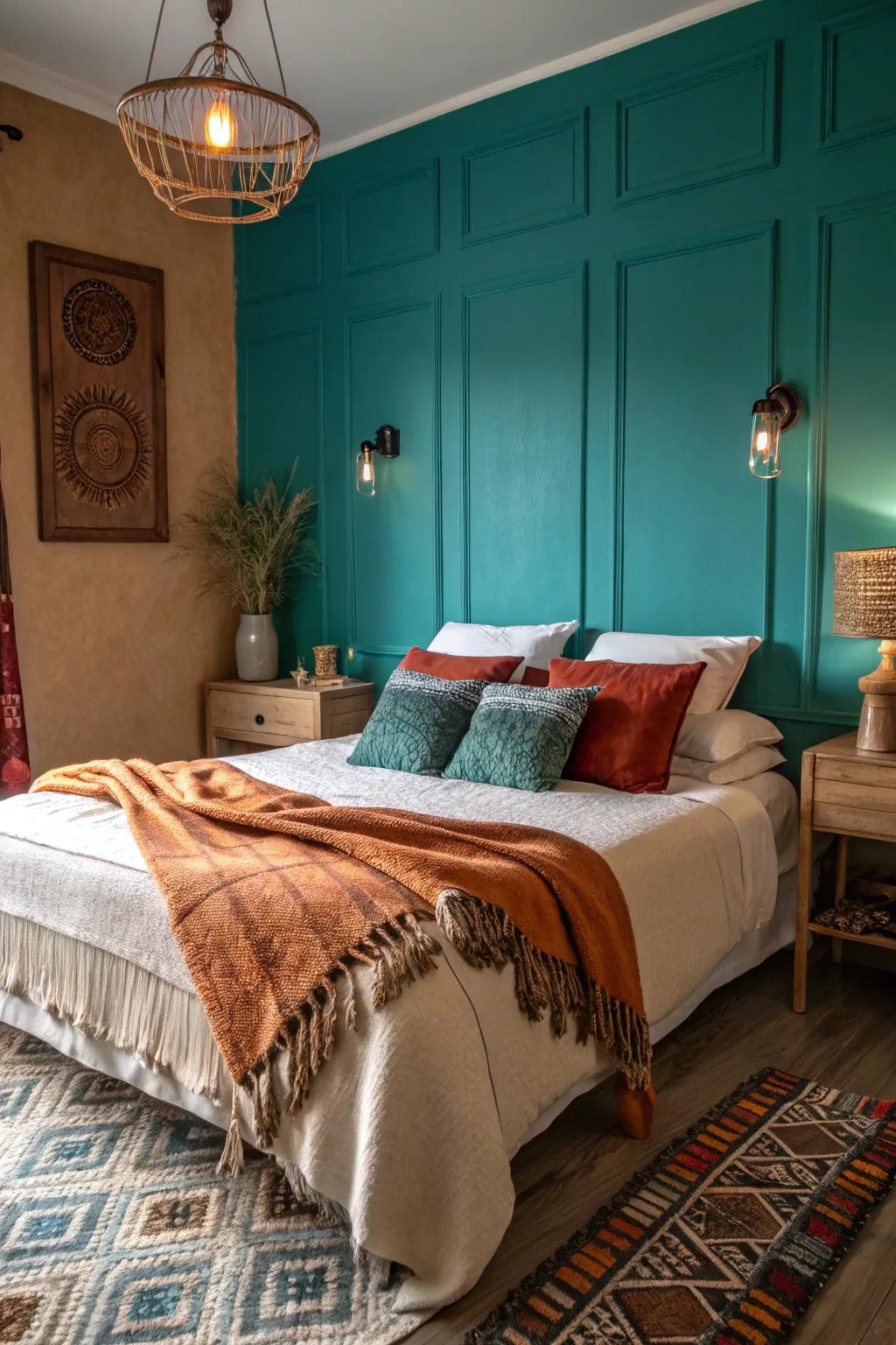 A cozy sleeping quarter featuring a teal accent wall and warm textiles.