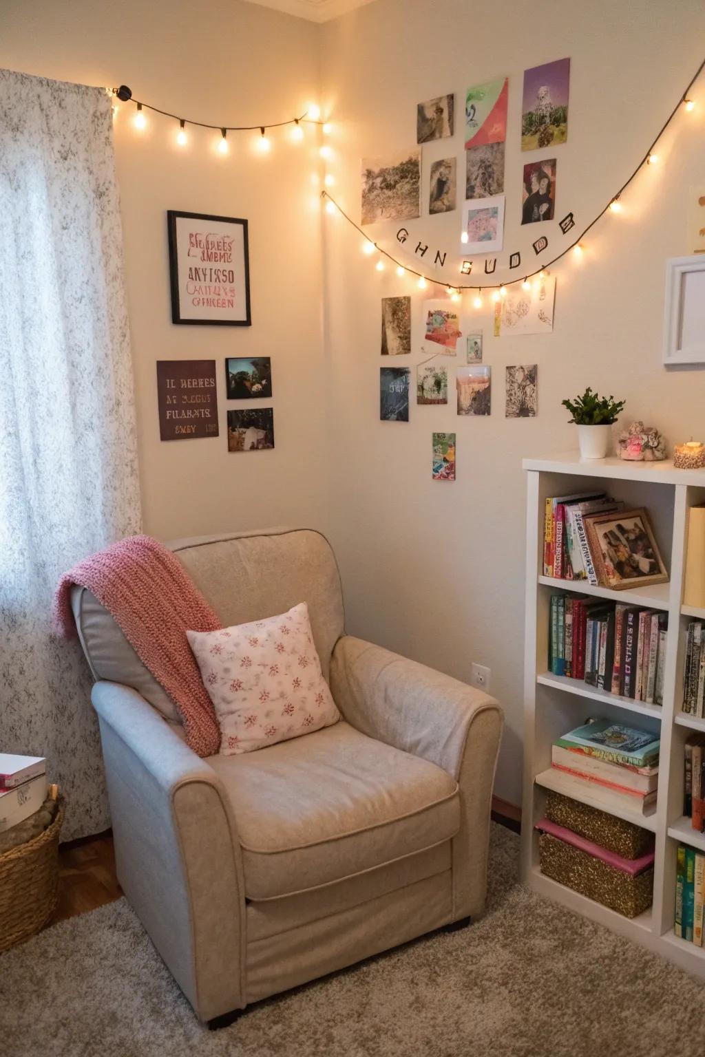A snug reading corner ideal for enjoying a great novel in a teenage girl's bedroom.