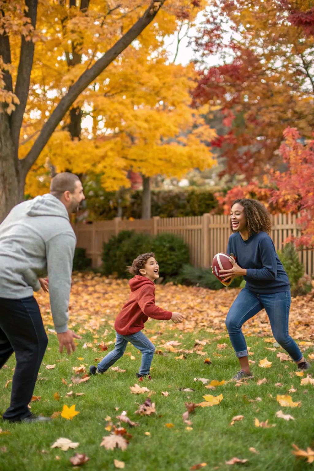 A spirited familial flag football bout on a bracing autumnal day.