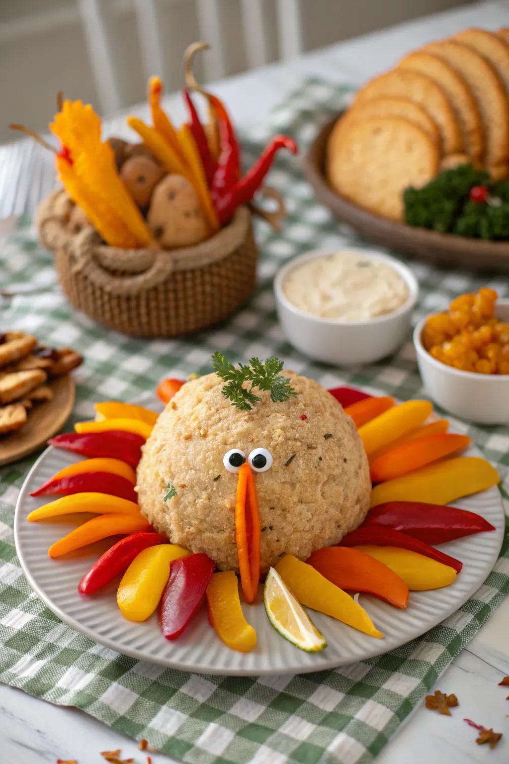 Veggie turkey cheese ball adorned with vibrant peppers.