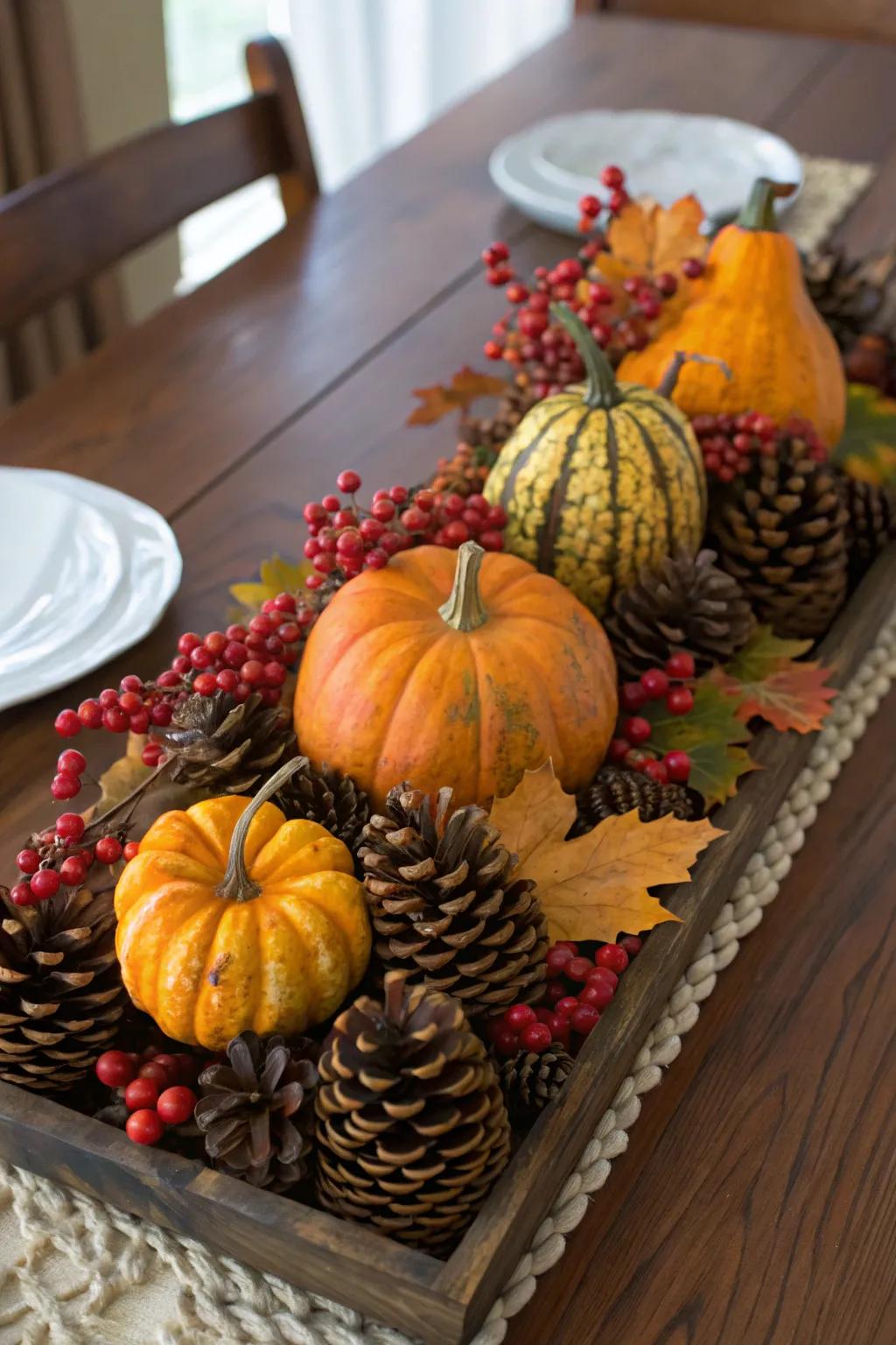 An organic focal point featuring gourds, pinecones, and berries.