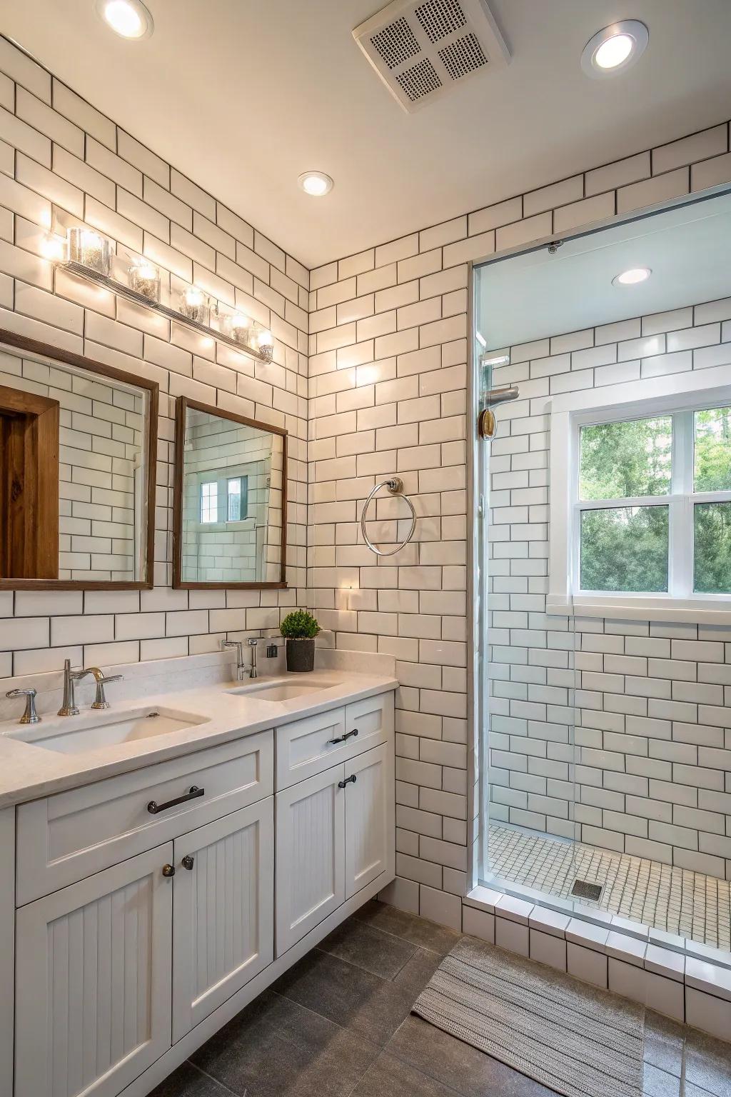 Integrating subway paving slab layouts crafts a chic and contemporary restroom design.