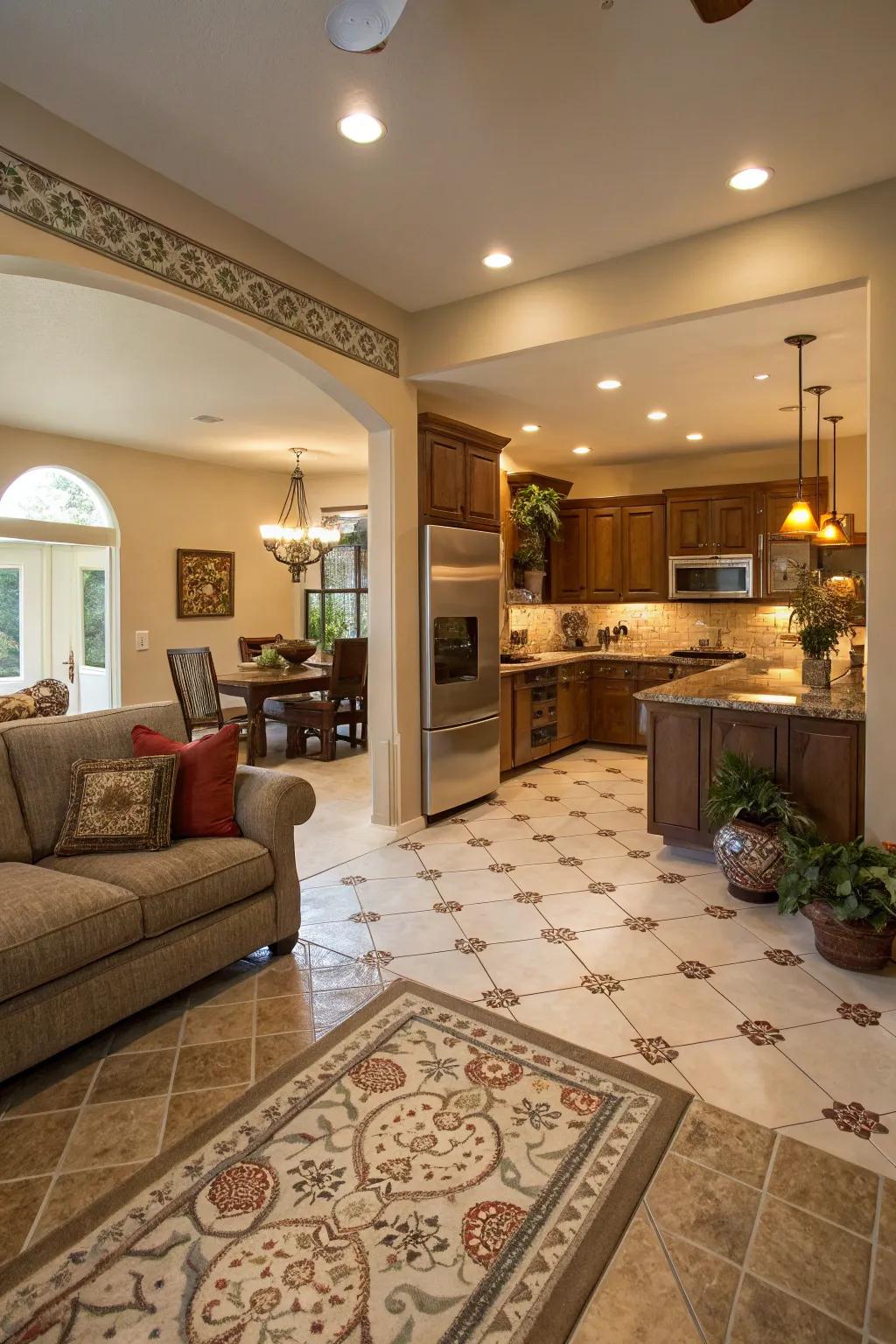 Cohesion across spaces is achieved with similar tile patterns.