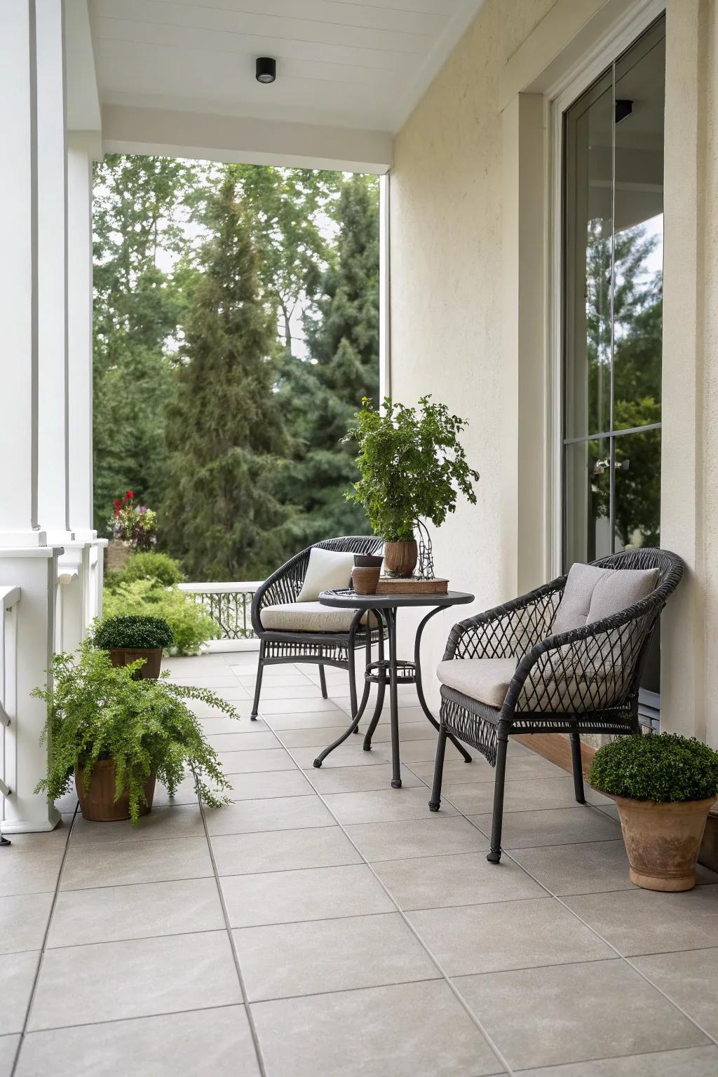 Minimalist tiles impart a serene elegance to this porch.