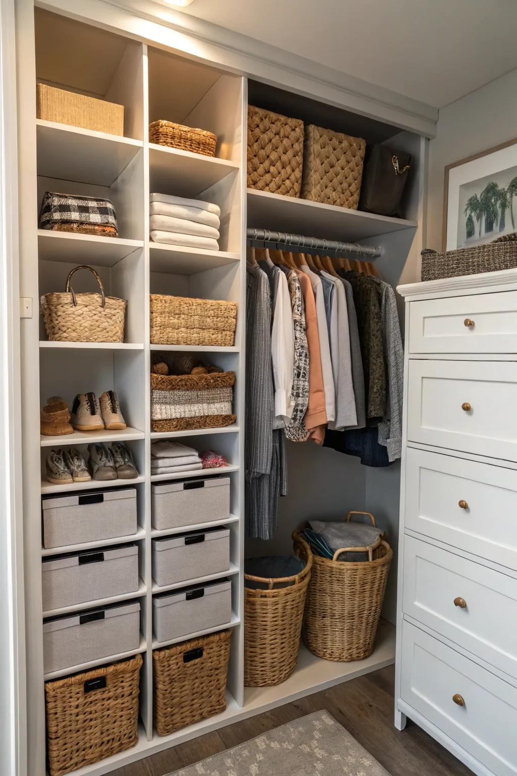 Fashionable drawers and baskets for organizing chaos.