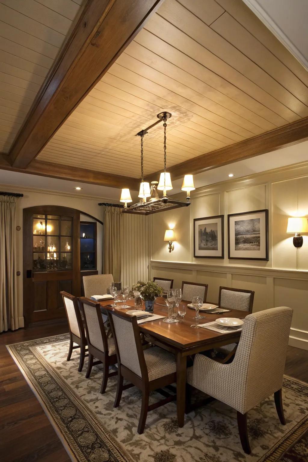 Shiplap ceilings add a dramatic flair to this dining area.