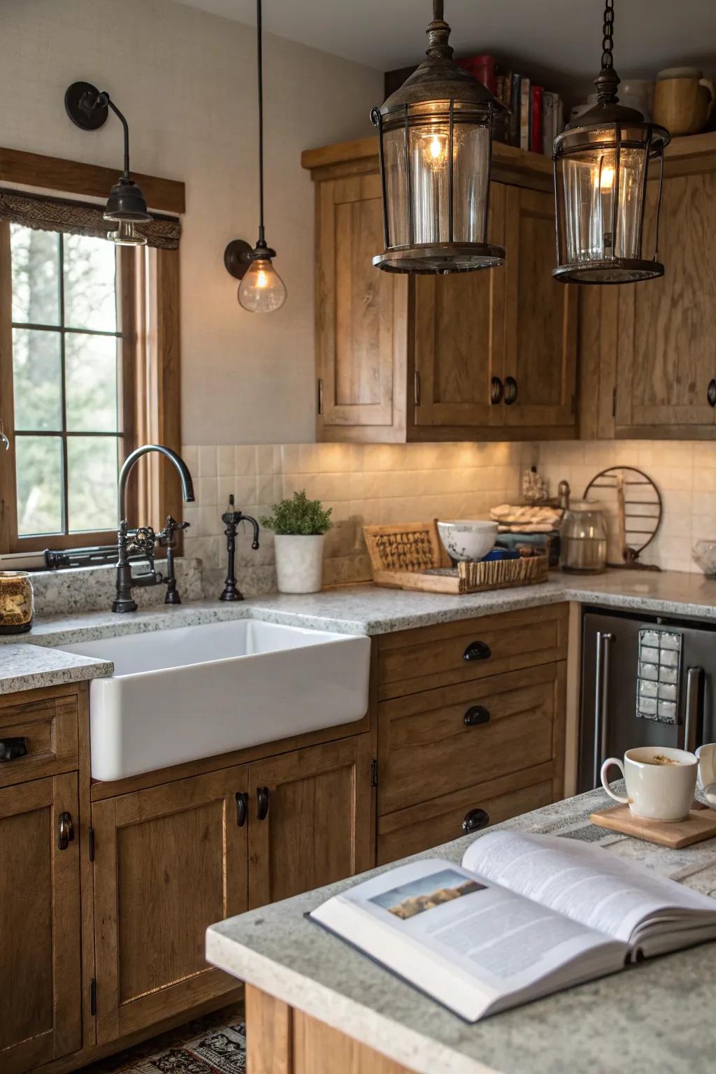 Rural-inspired cabinets cultivate a comfortable and nostalgic kitchen ambiance.