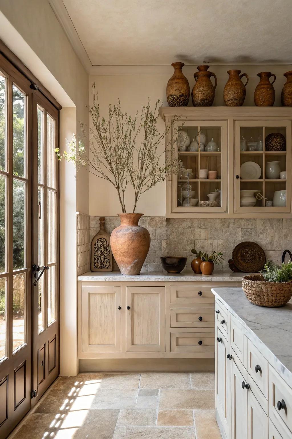 Attain refinement with neutral-toned decor atop your cabinets.
