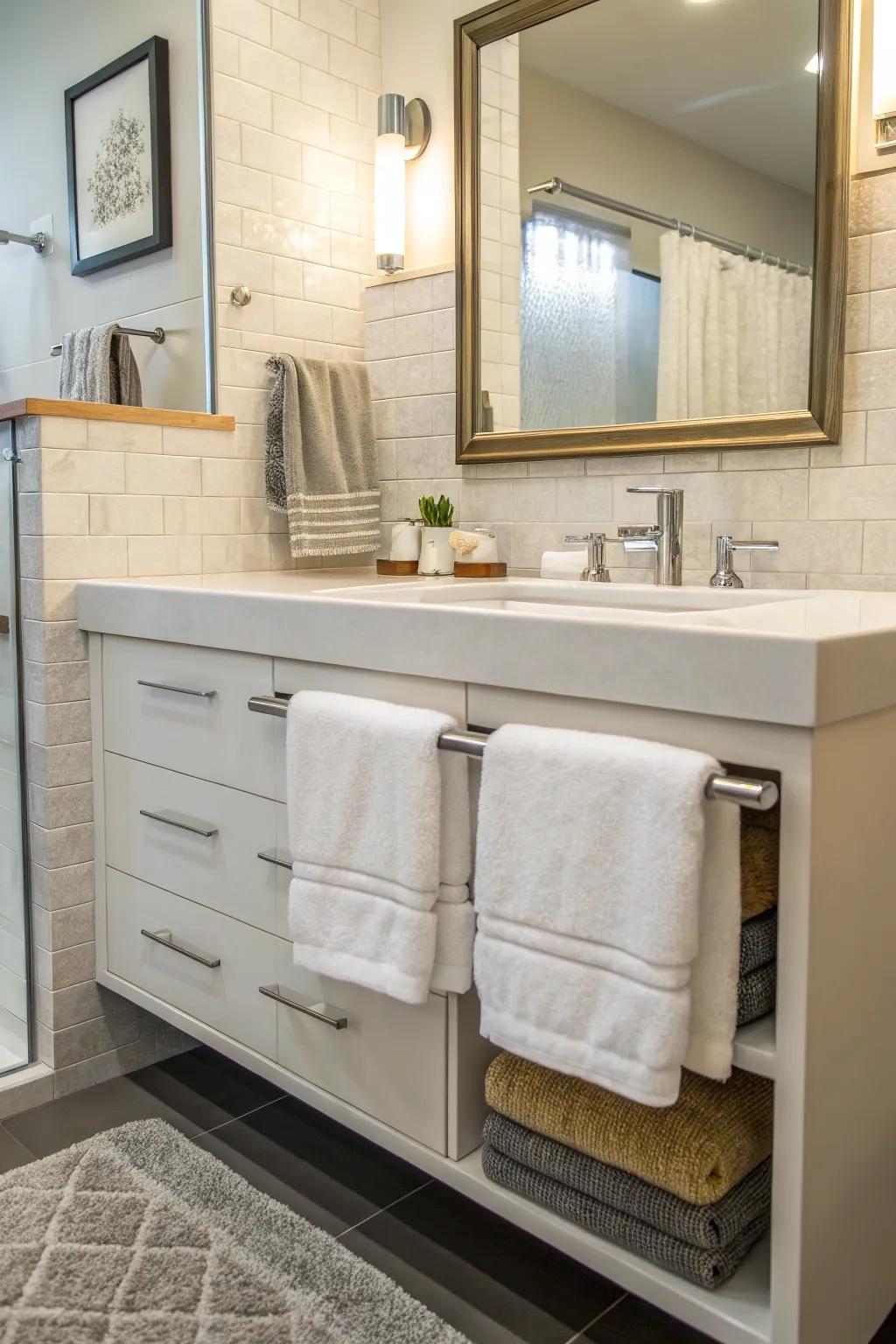 Optimize space by fitting a towel bar under the sink.