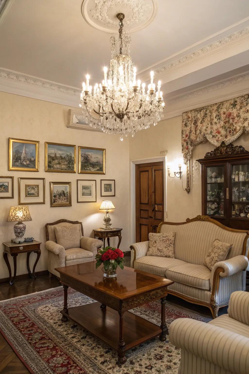 Elegant lighting fixtures add sophistication to a classic living room.
