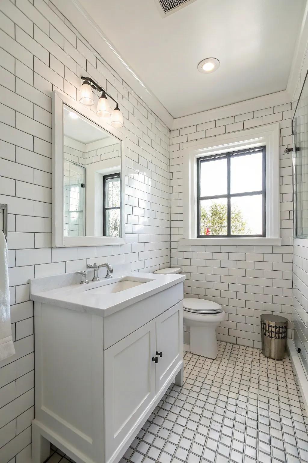 A white bathroom showcasing traditional rectangular tiling, crafting a fresh and neat aesthetic.