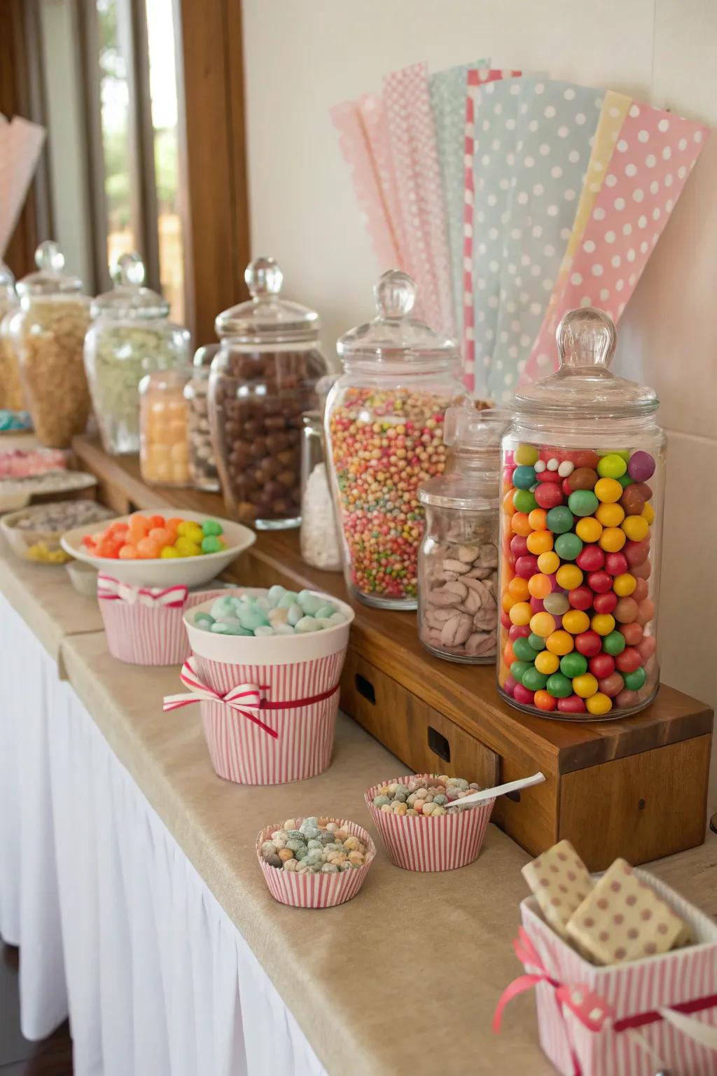 Candy bar featuring containers of assorted candies.